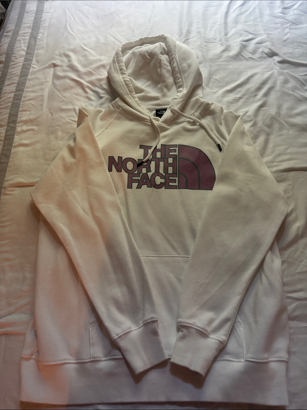 The North Face Men's Cream Crewneck Hoodie with Pink Logo